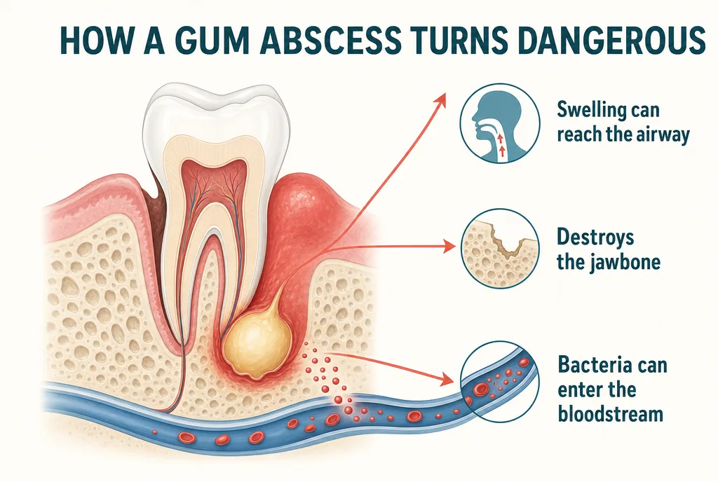 Cross-section diagram of how a gum abscess forms and can spread to the airway, jawbone, and bloodstream