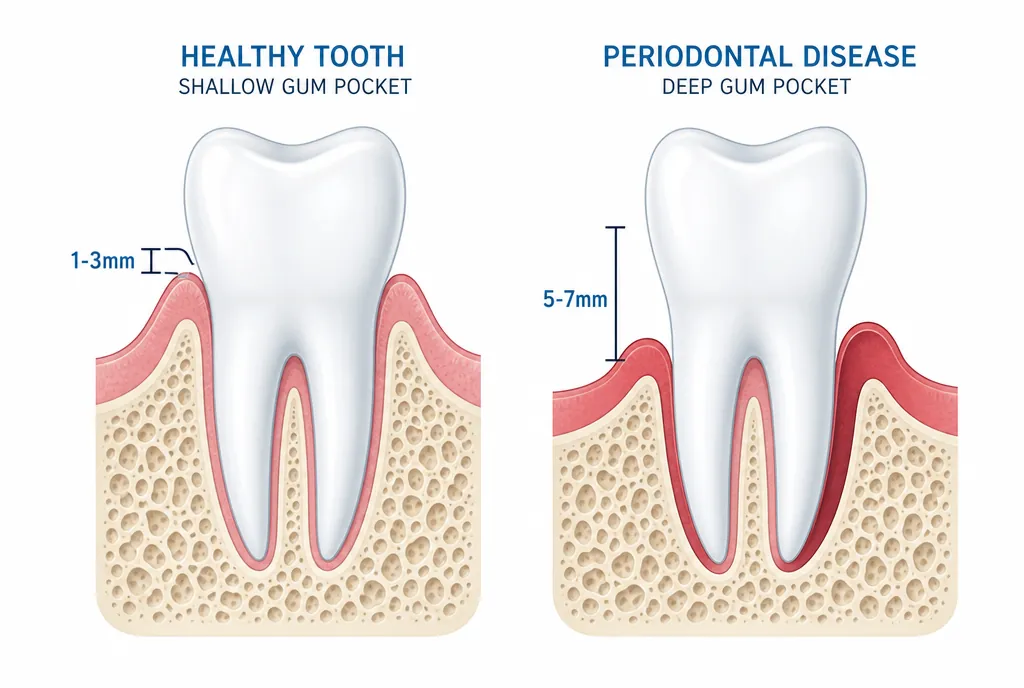 Cross-section comparison: a healthy shallow gum pocket versus a deep diseased pocket