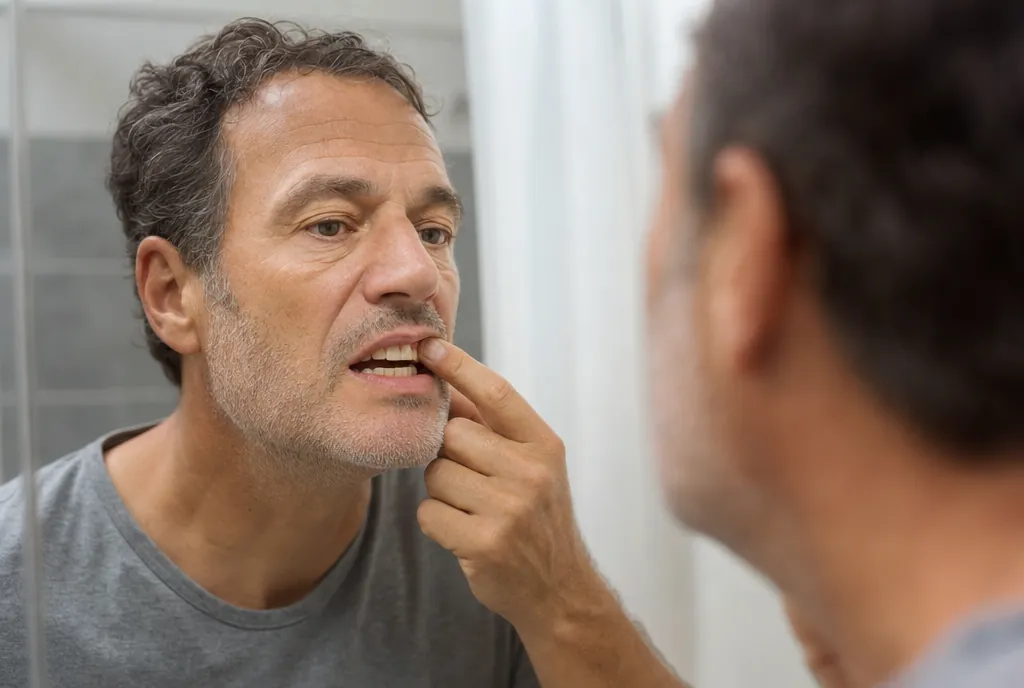 A man in his 50s checking his receding gumline in the bathroom mirror